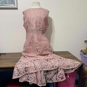 SHEIN Pink Lace Sleeveless Dress with Waist Detailing and Flared Hem XL